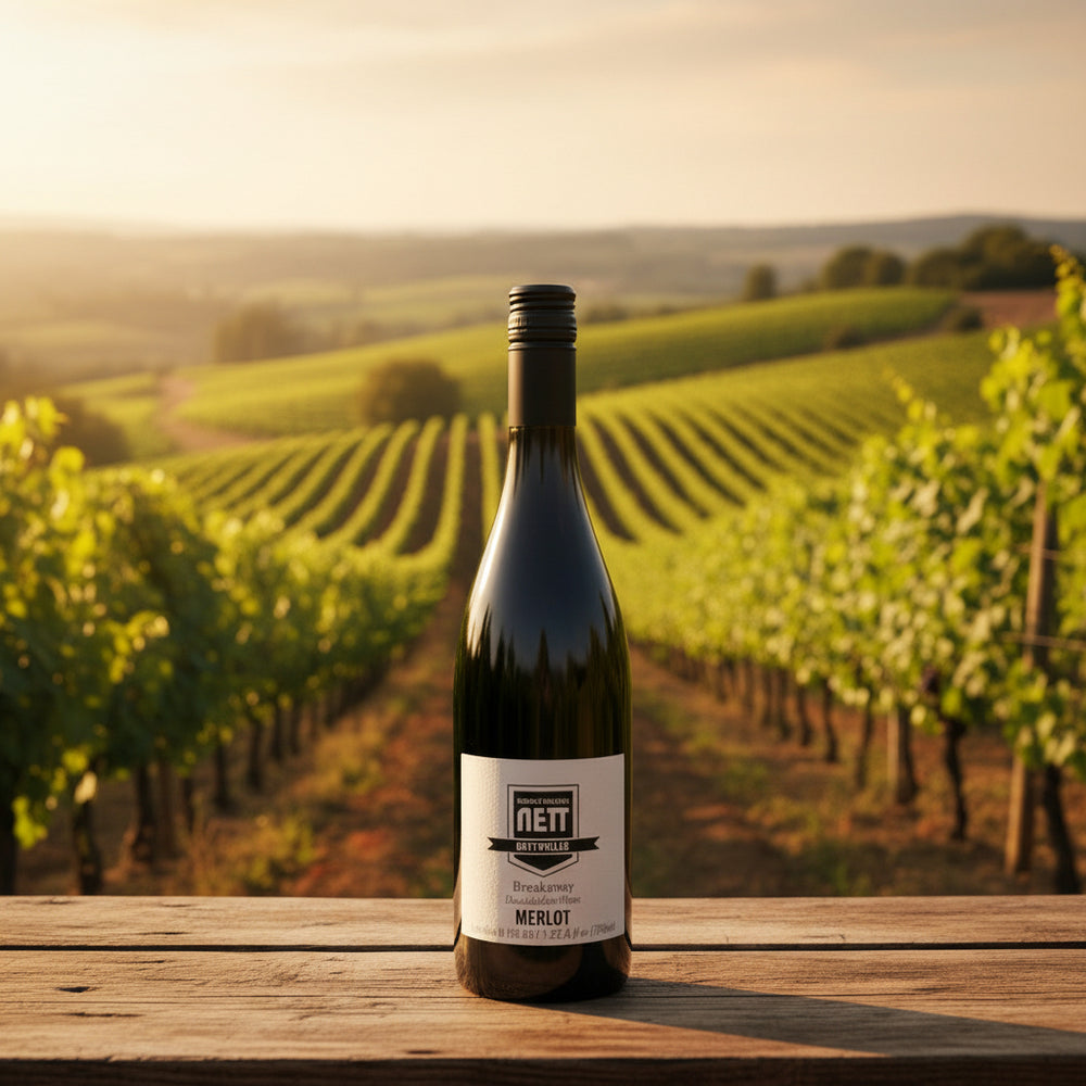 Wine bottle with a label on a white background